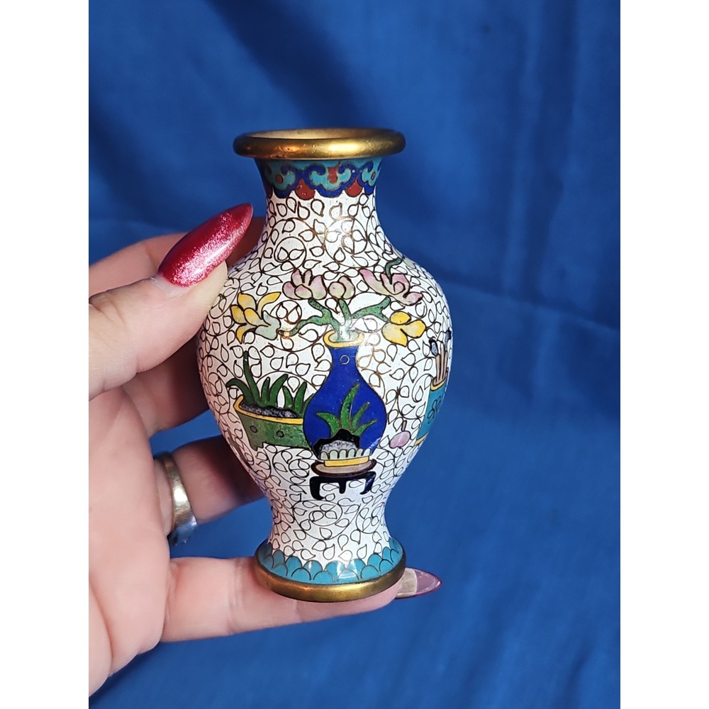 Vintage Chinese Cloisonne Miniature Vase Enamel Brass Bamboo Flowers 4"